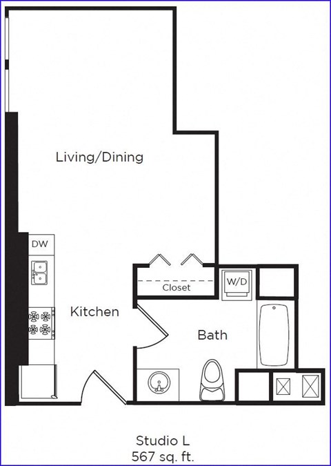 Studio 1 bathroom floor plan E at DOCK 59 APARTMENTS, PORTLAND, OR